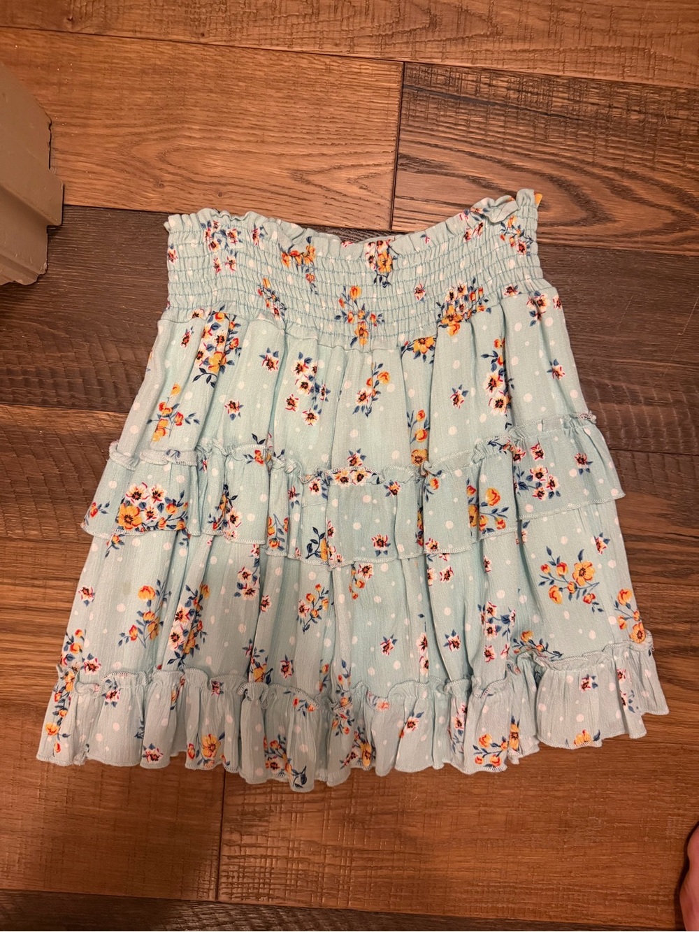 Altar'd State Light Blue Floral Smocked Ruffle Mini Skirt